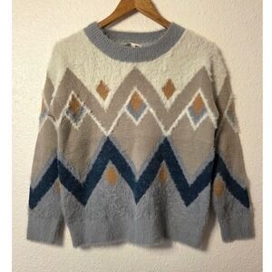 Böhme Aztec Southwestern Fuzzy Sweater Neutral Boho Western Pullover Small